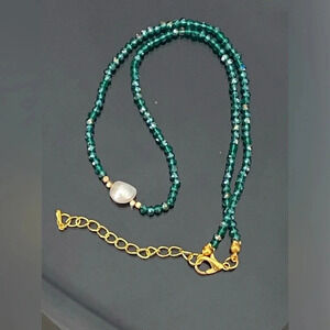 Handmade Iridescent Aqua Seed Bead Single Real Freshwater Pearl Necklace NEW